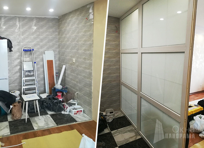 Обложка проекта: Перегородка с матовым стеклом в квартиру-студию для разделения зон