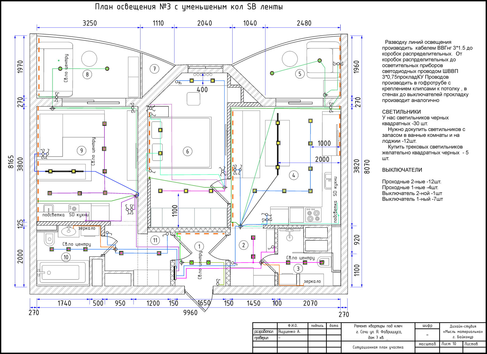 План освещения  квартиры в Сочи ул.Фабрициуса