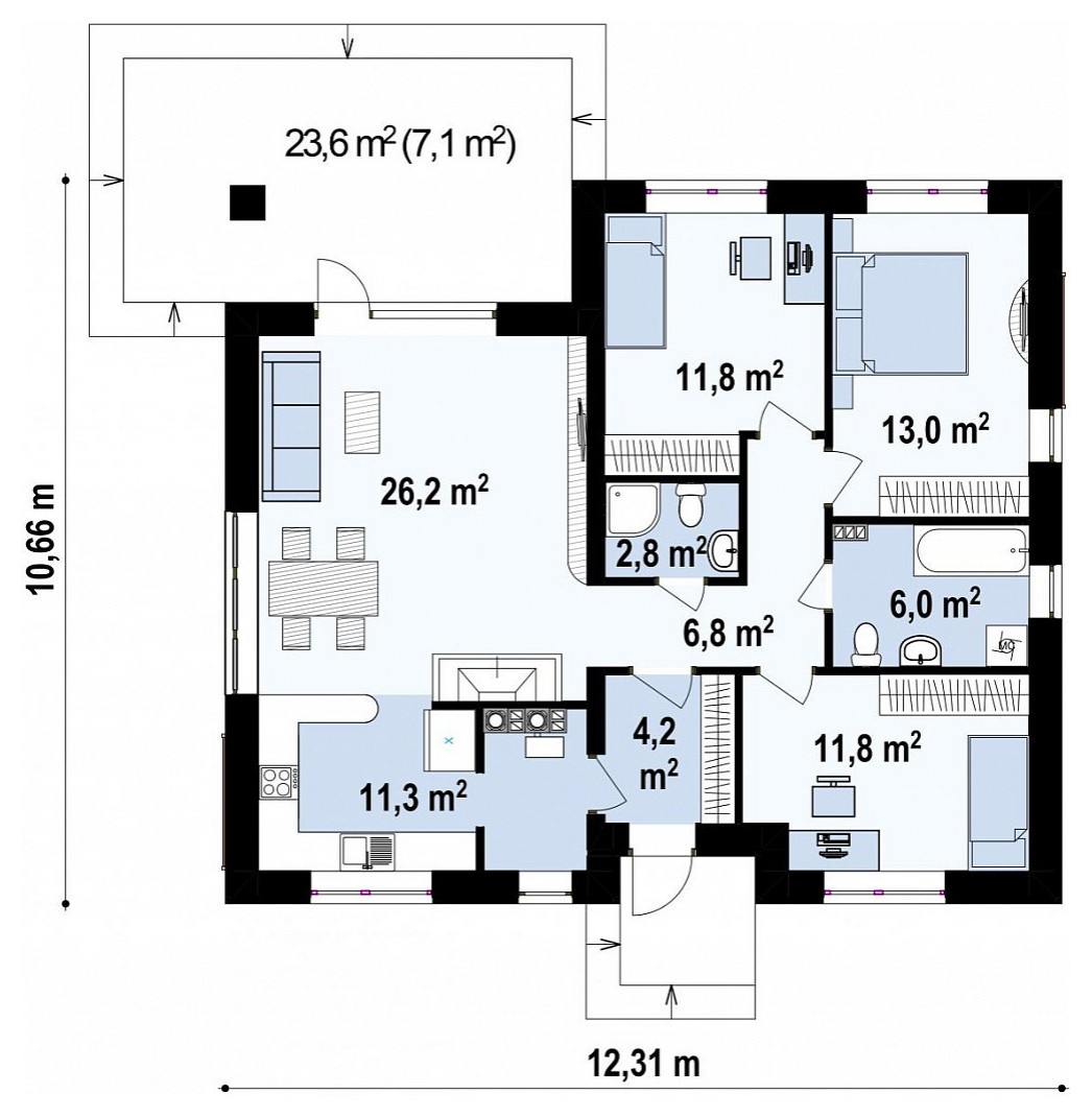 Одноэтажный дом с тремя спальнями по проекту Z273
