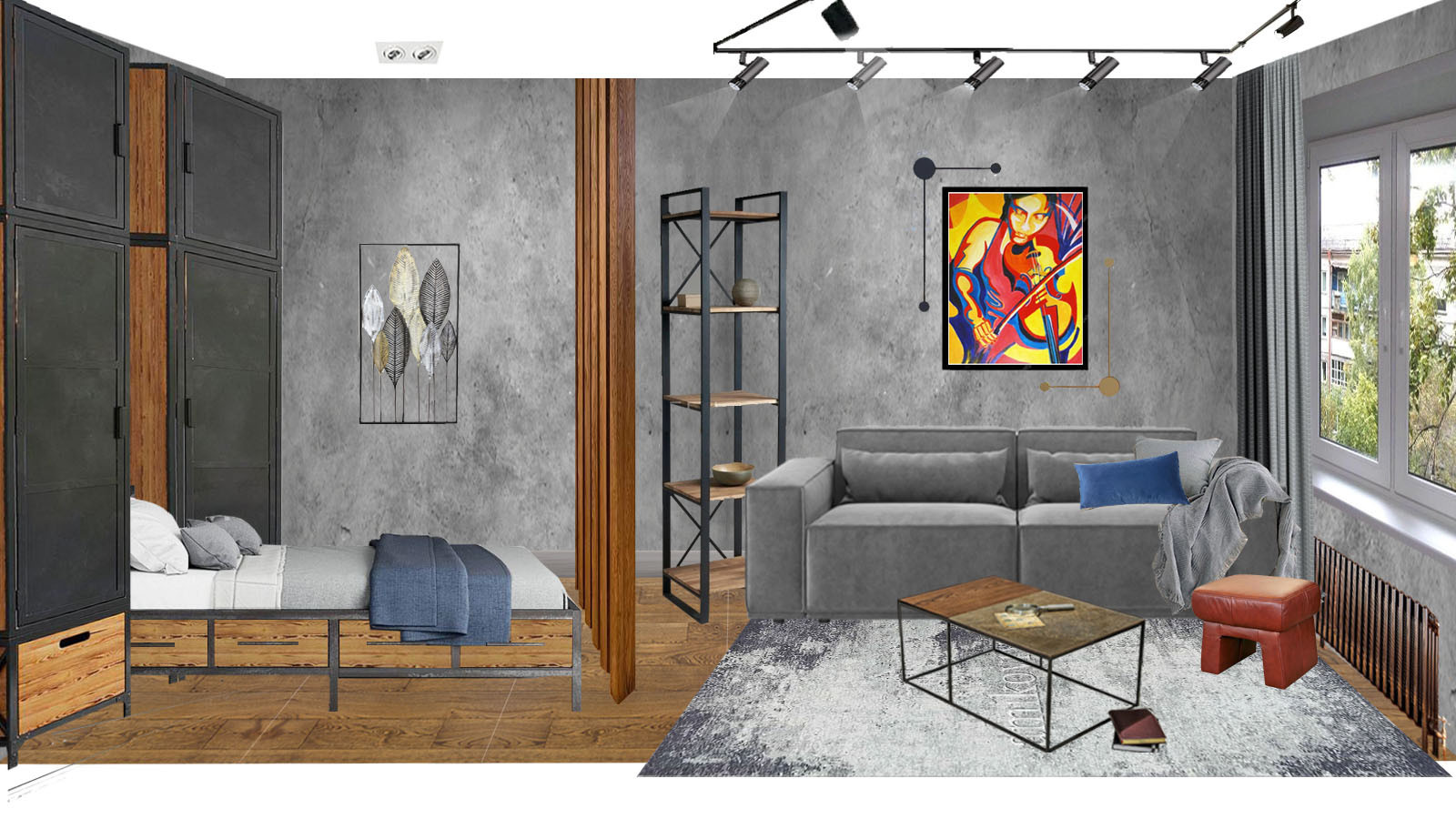 Проект жилой комнаты с зонированием гостиной, спальни и кабинета