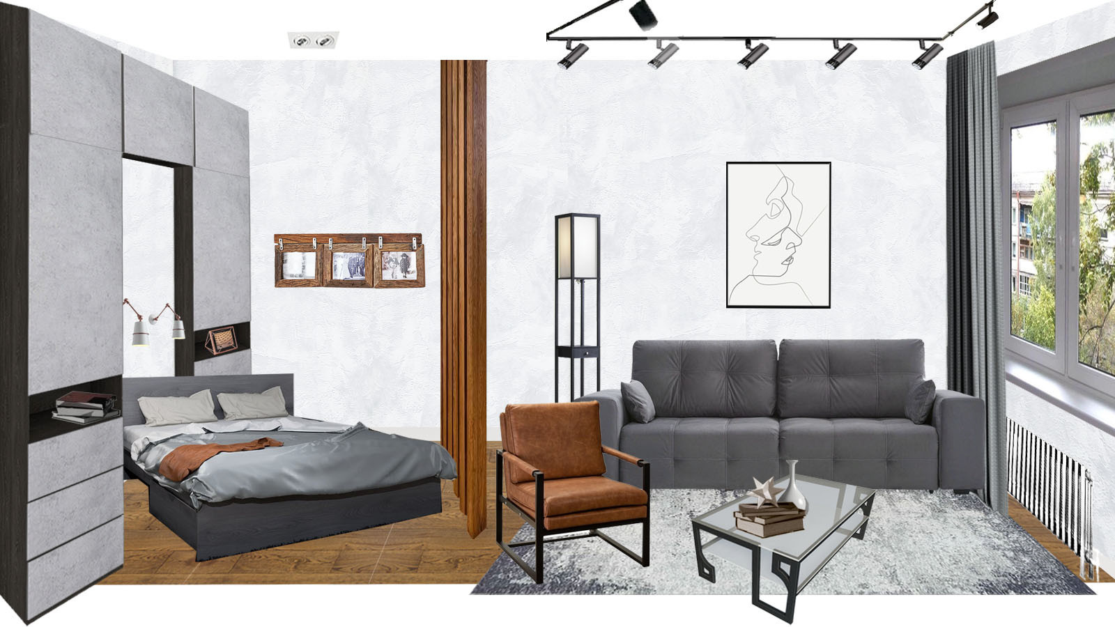 Проект жилой комнаты с зонированием гостиной, спальни и кабинета