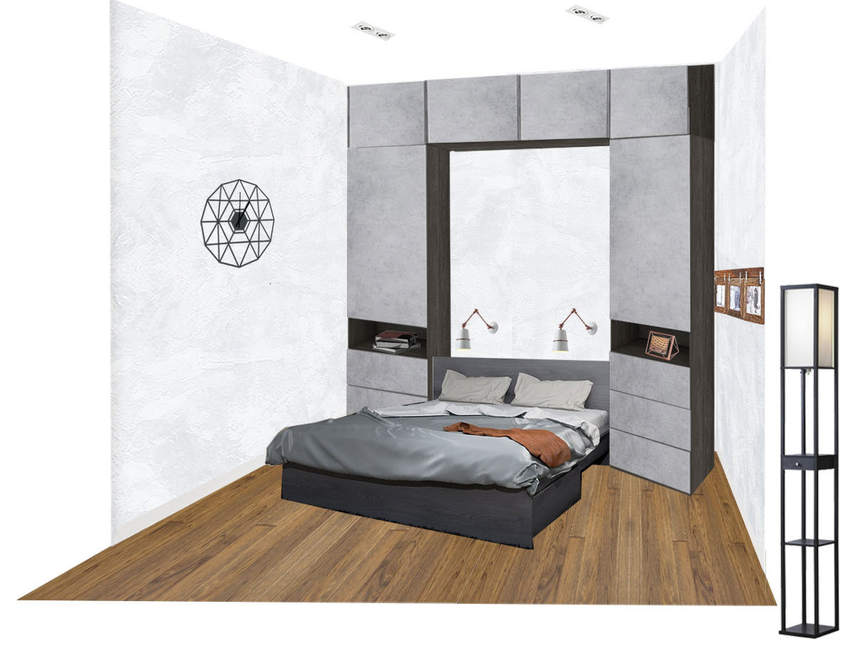 Проект жилой комнаты с зонированием гостиной, спальни и кабинета