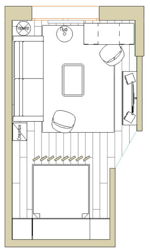 Проект жилой комнаты с зонированием гостиной, спальни и кабинета