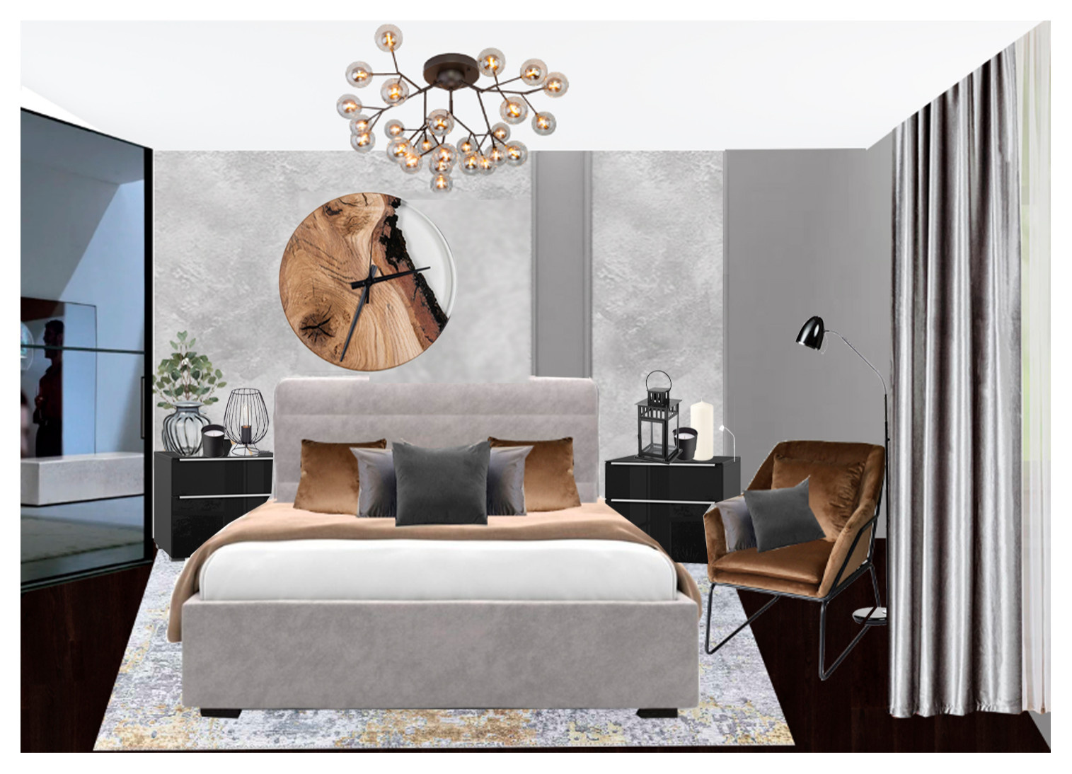 Стильная спальня черный металл и дерево