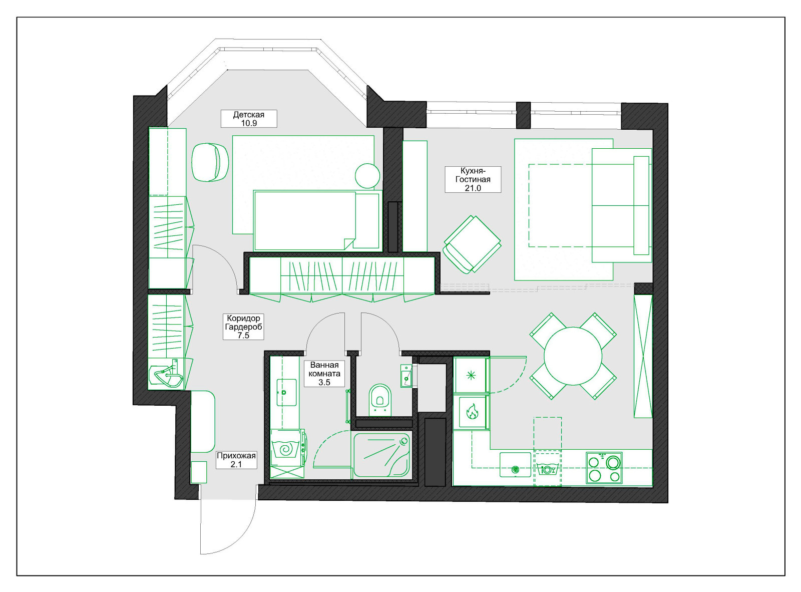 Квартира для семьи из трех человек на 45 кв.м.