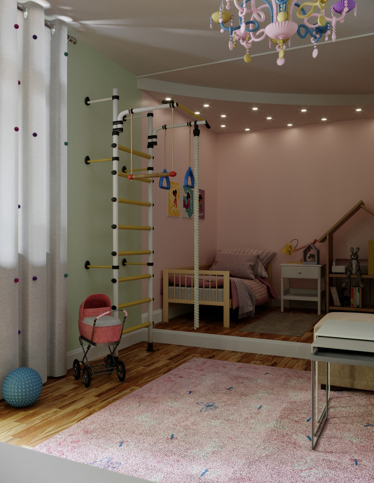 Редизайн.Детская комната 22.6 кв м.Переделка без замены потолочного и напольного