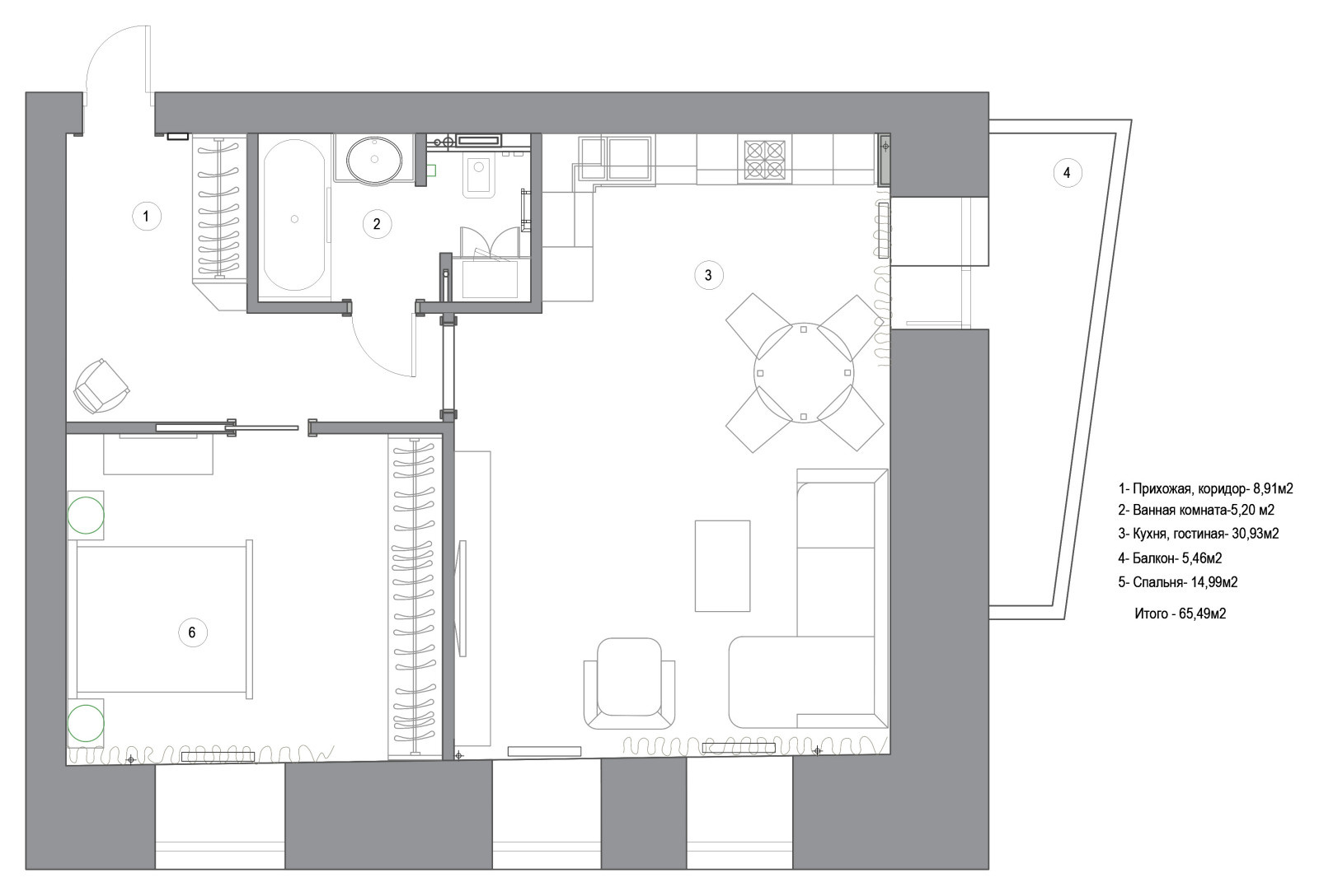 Двухкомнатная квартира в светлых тонах.