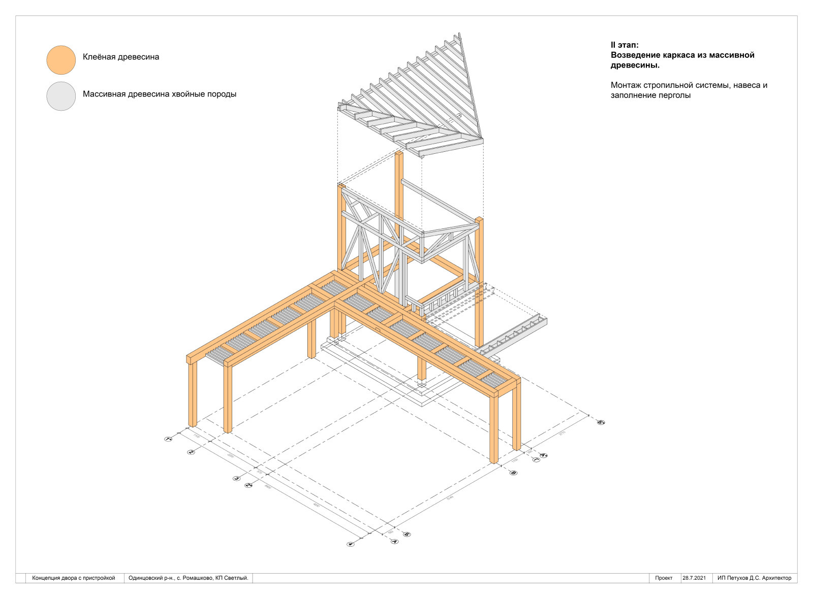 Монтаж стропильной системы, навеса и заполнение перголы