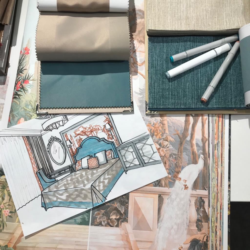 Цветовая палитра спальни. Панно, ткани для кресла, штор и покрывала