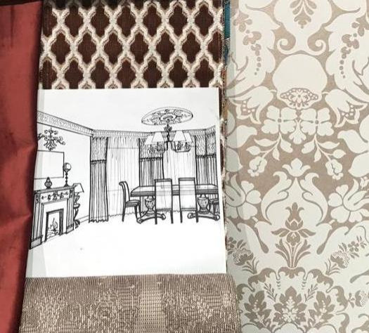 Эскиз гостиной и подбор обоев и штор.