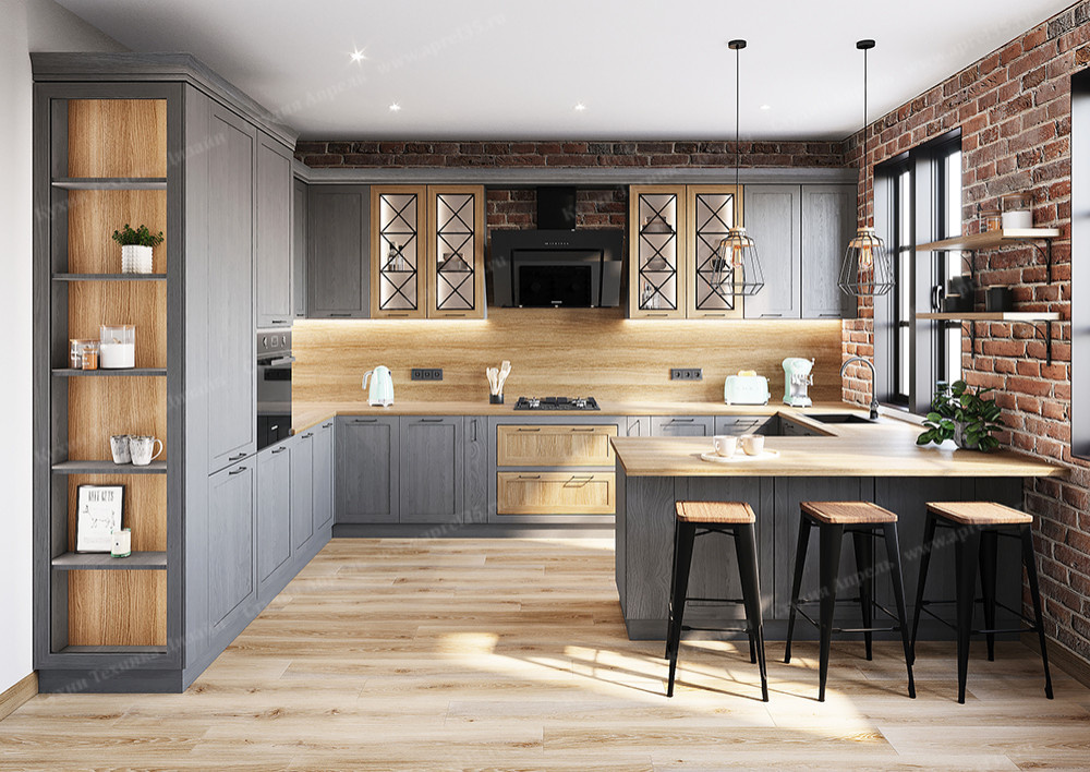 Серая кухня лофт (LOFT) фасад мдф шпон