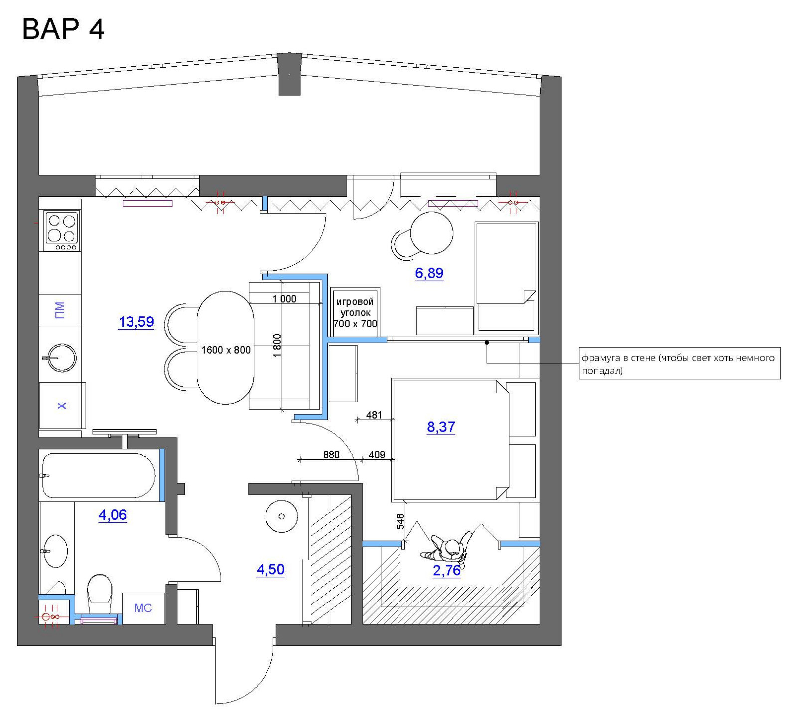 Однокомнатная квартира с спальней без окна