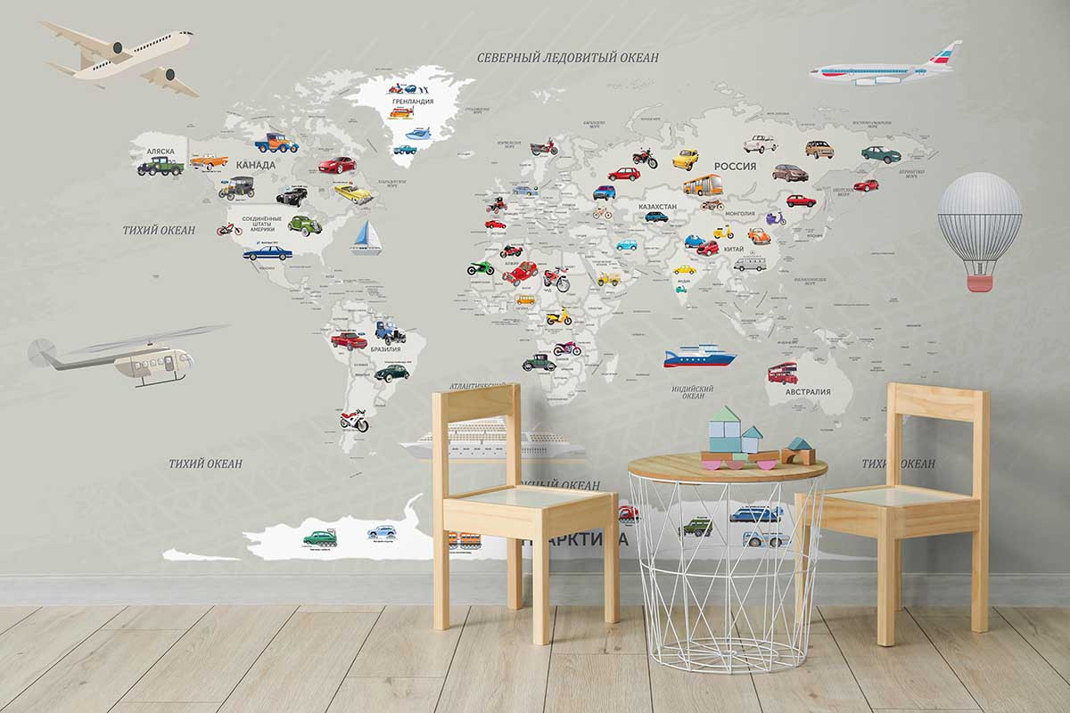 Фотообои Карта мира с автомобилями бежевая