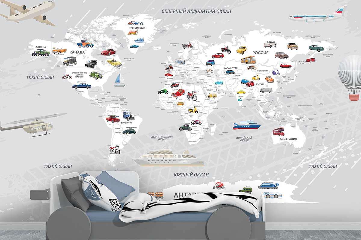 Фотообои Карта мира с автомобилями серая