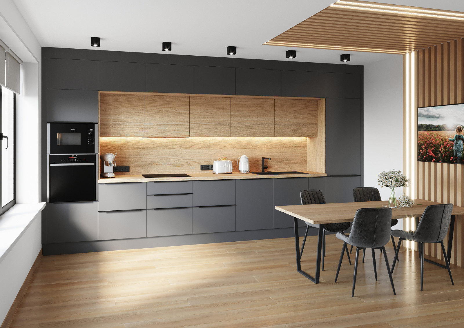 Кухня GREY WOOD серая с деревом, профиль Gola