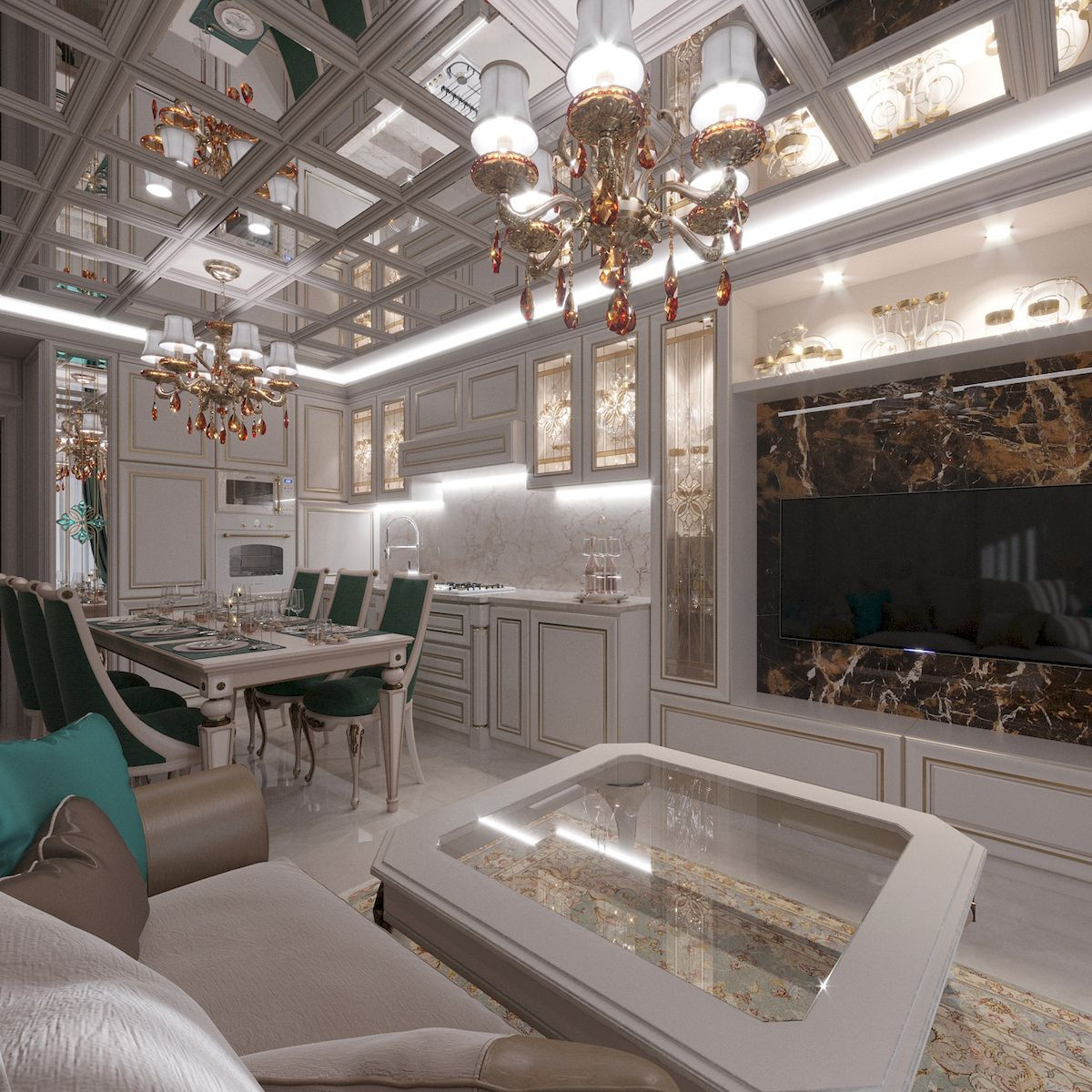 Дизайн кухни-столовой-гостиной 4-комнатной квартиры в Москве