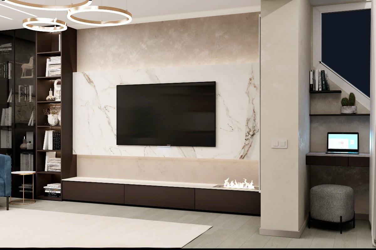 Уютная кухня-гостиная с камином