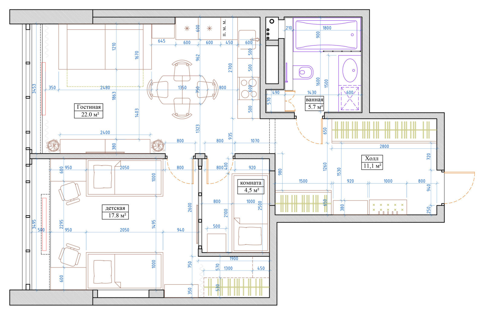 Двухкомнатная квартира 61м2 в ЖК "Соколиный форт" в стиле неоклассика