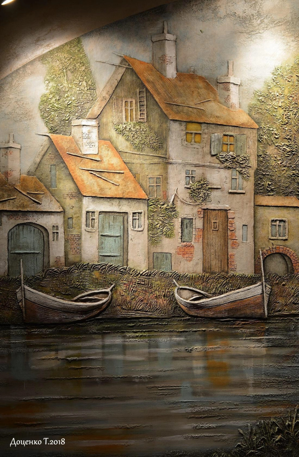 Рельефное панно"Рыбачья деревушка".По мотивам картин Гуидо Борелли.