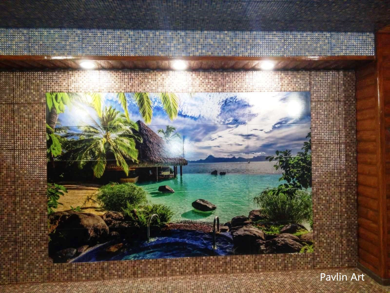 Монтаж плиточного панно на стене бассейна