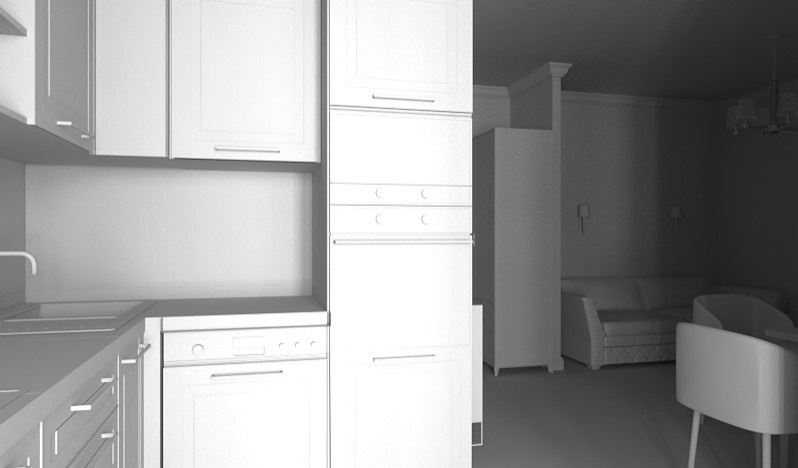 Проект "Черно-белый 3Д кухни-гостиной"