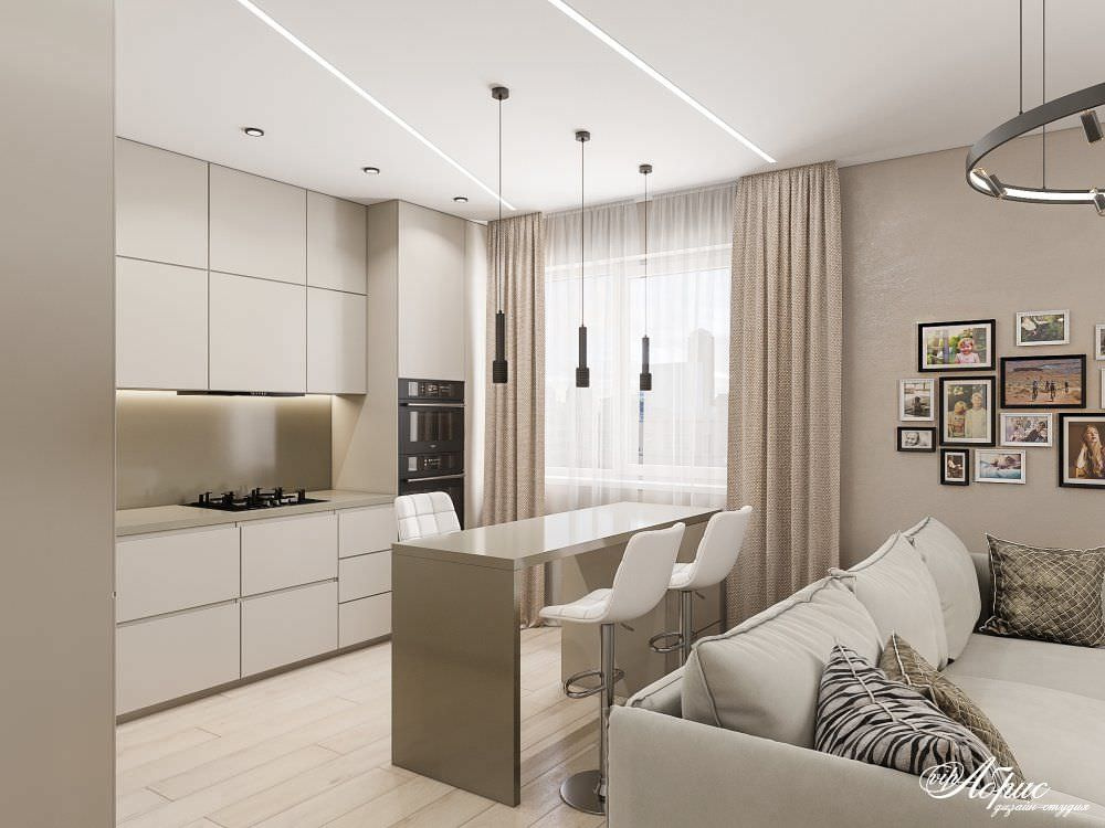Дизайн двухкомнатной квартиры с совмещенной кухней-гостиной (ул.Кольцевая)