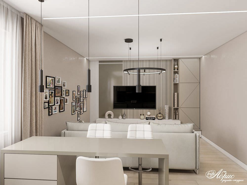 Дизайн двухкомнатной квартиры с совмещенной кухней-гостиной (ул.Кольцевая)