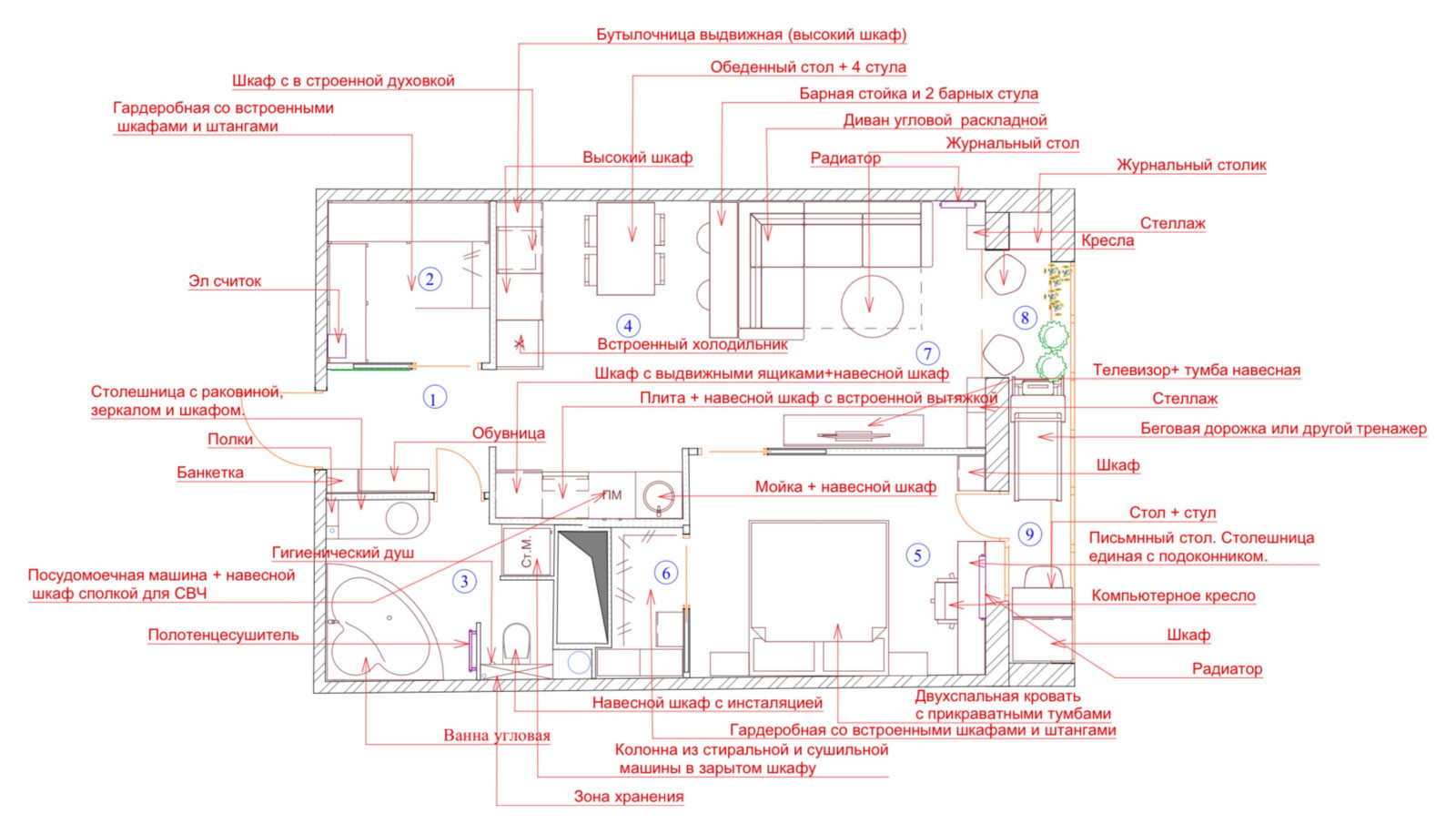 Планировочное  решение и Эскизный поект однокомнатной квартиры