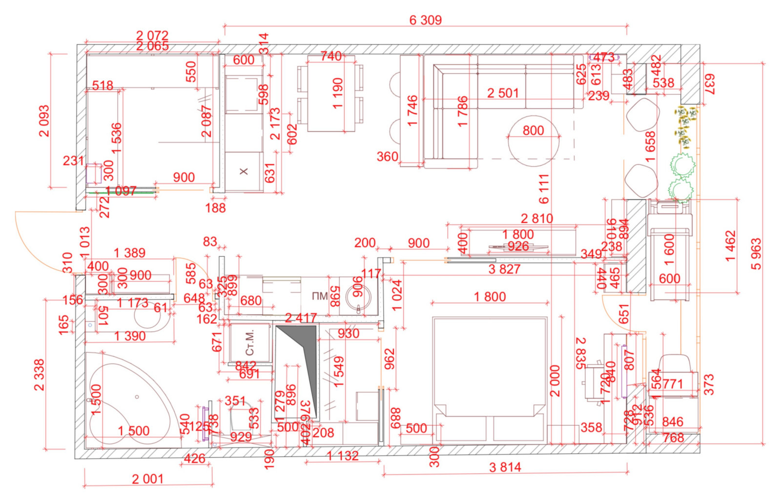 Планировочное  решение и Эскизный поект однокомнатной квартиры