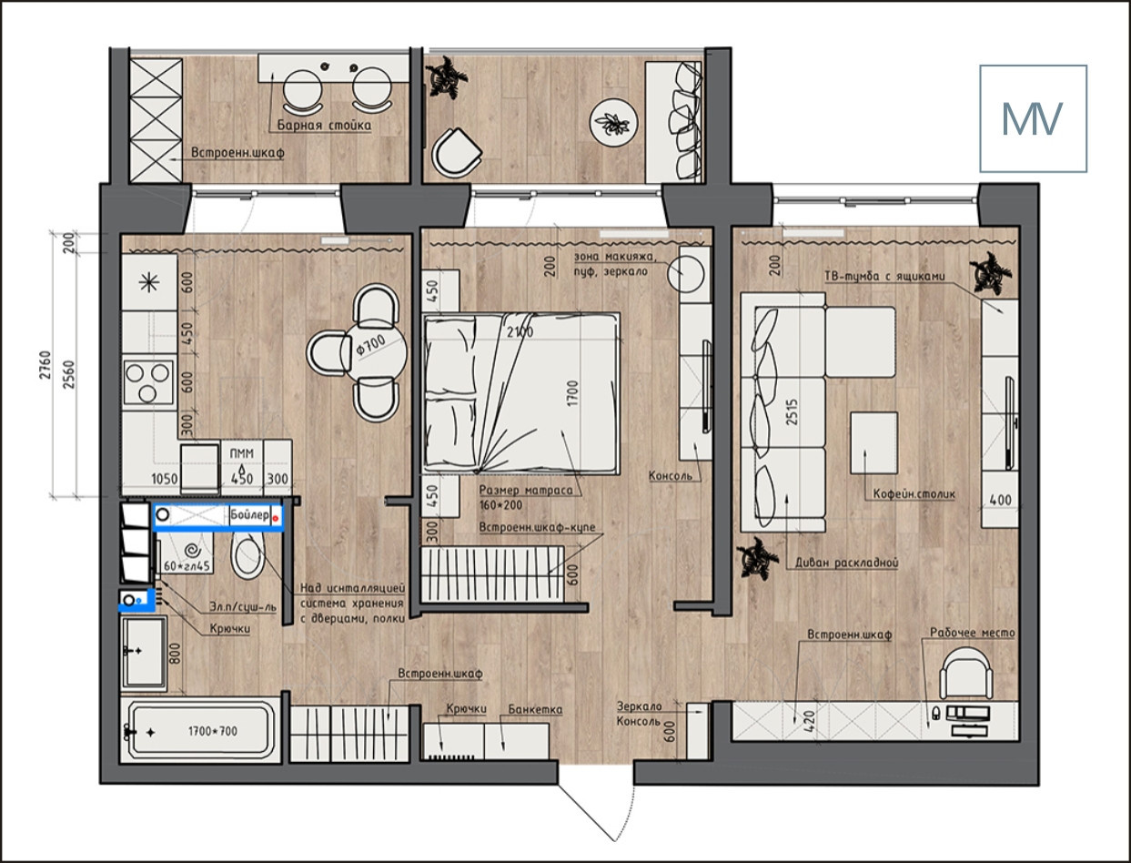 Обложка проекта: Планировочное решение 2-комн. квартиры 57 м.кв.