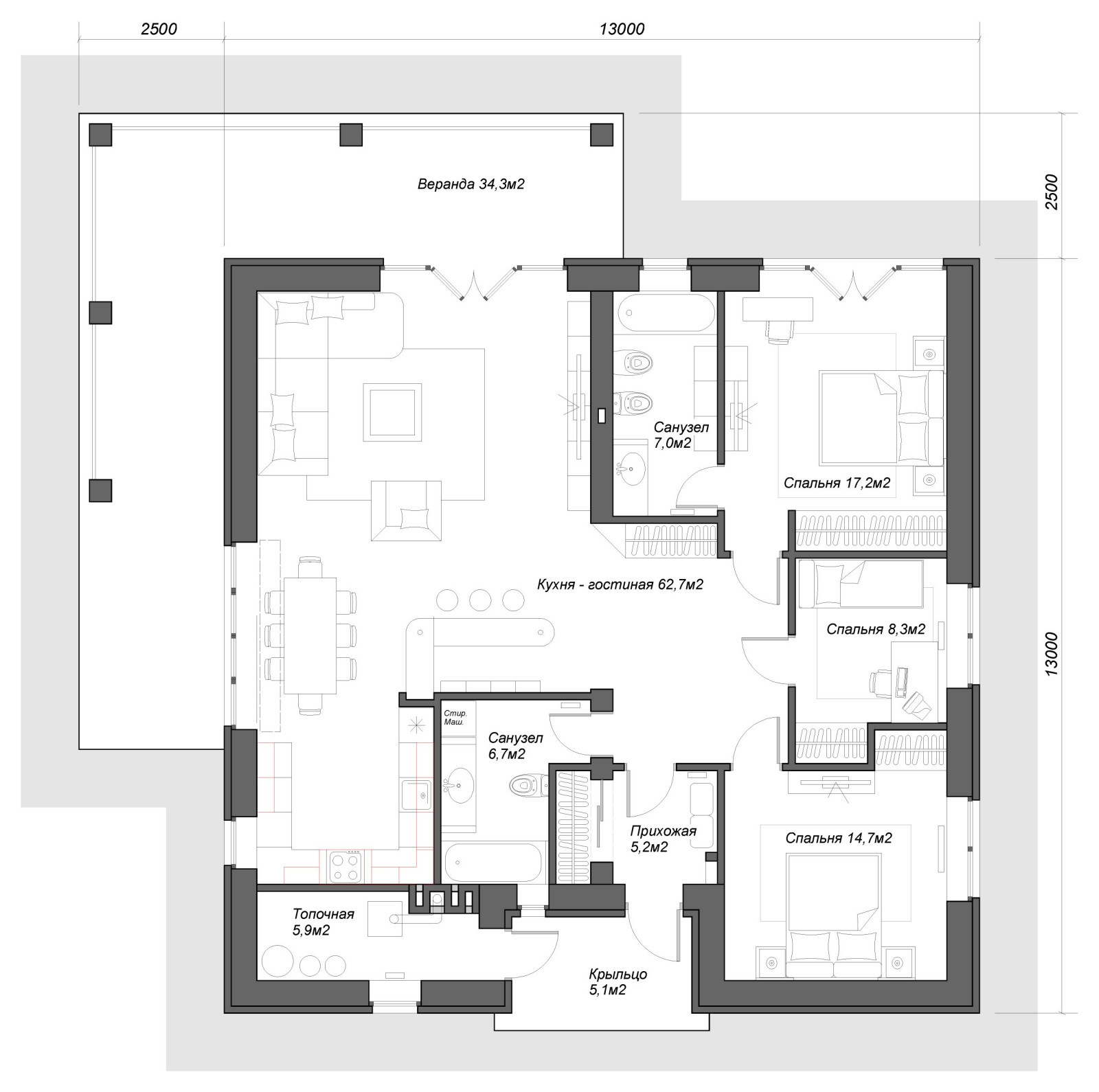Одноэтажный дом площадью 127,5м2