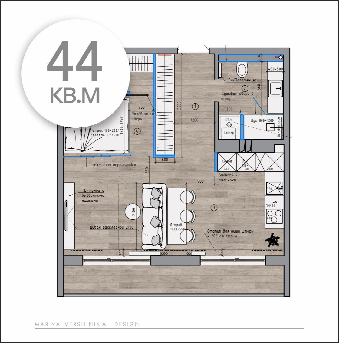Планировочное решение квартиры 44 кв.м. ЖК River Day г.Хабаровск