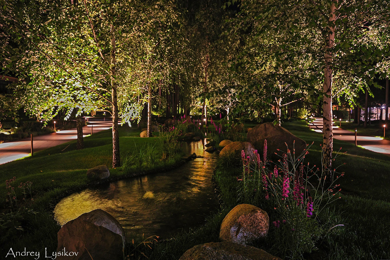 Ночная съемка ландшафтного освещения