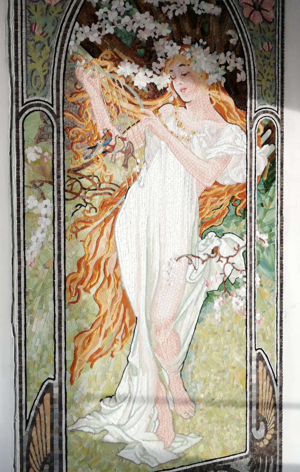 Artistic mosaic based on paintings by Alphonse Mucha "Seasons. Spring"
