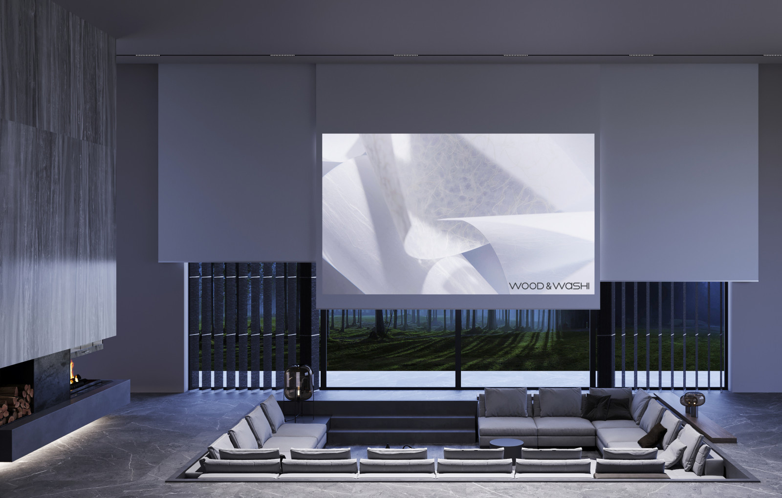 Зона отдыха с кинотеатром и камином