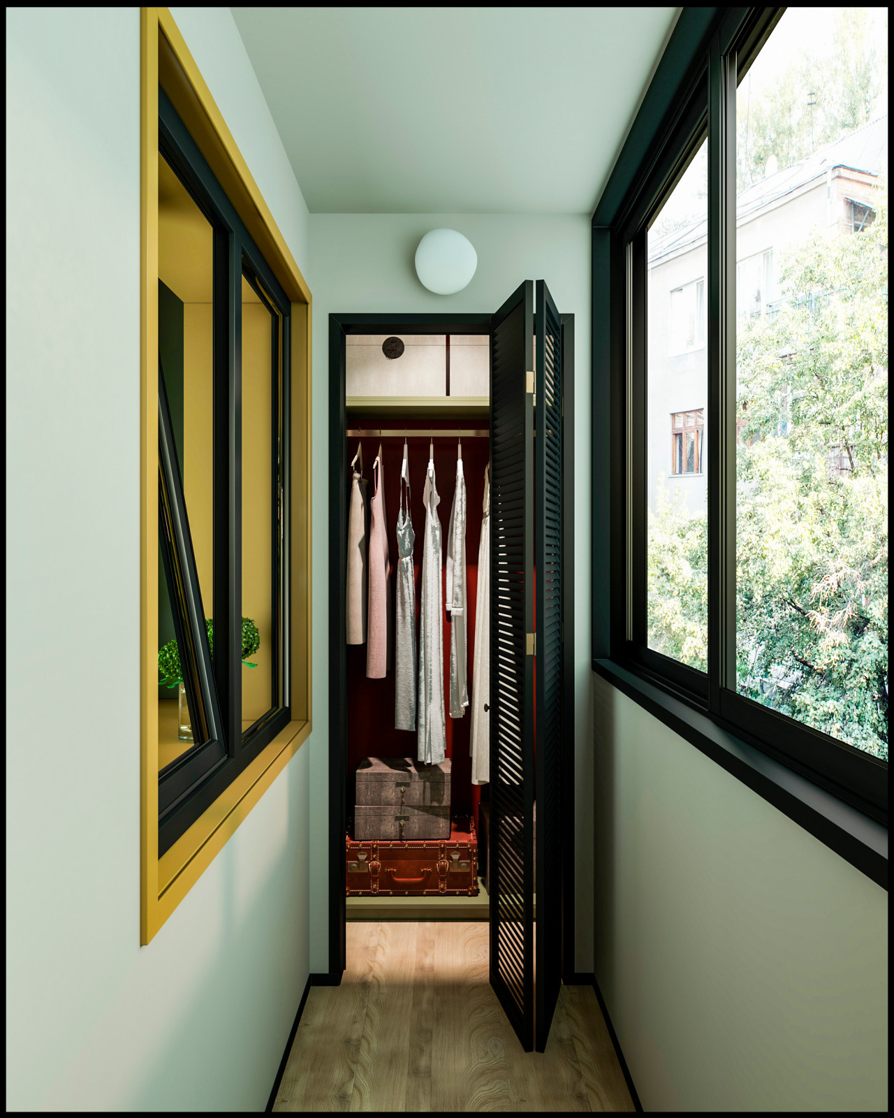 Эклектичный проект квартиры с огромной гардеробной с окном