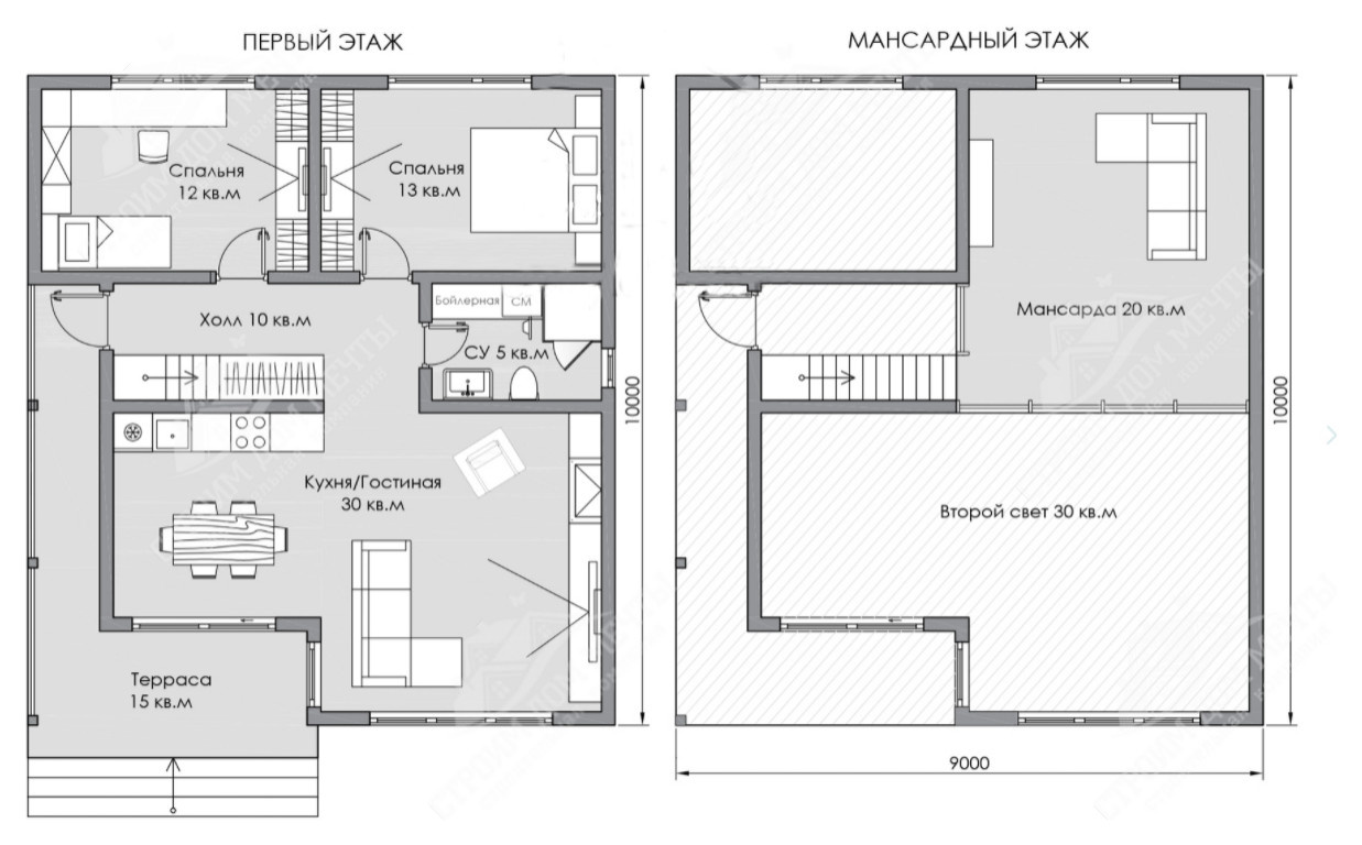 Дом 10х9 м, мансардный этаж