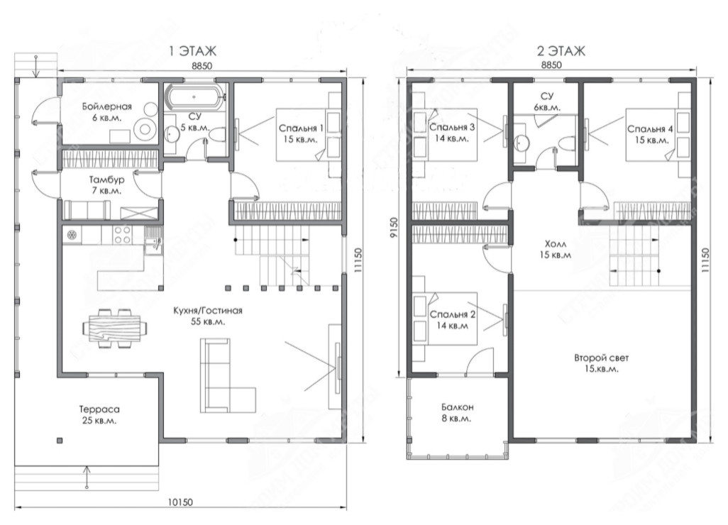 Дом 11,15х10,15 м, в 2 этажа