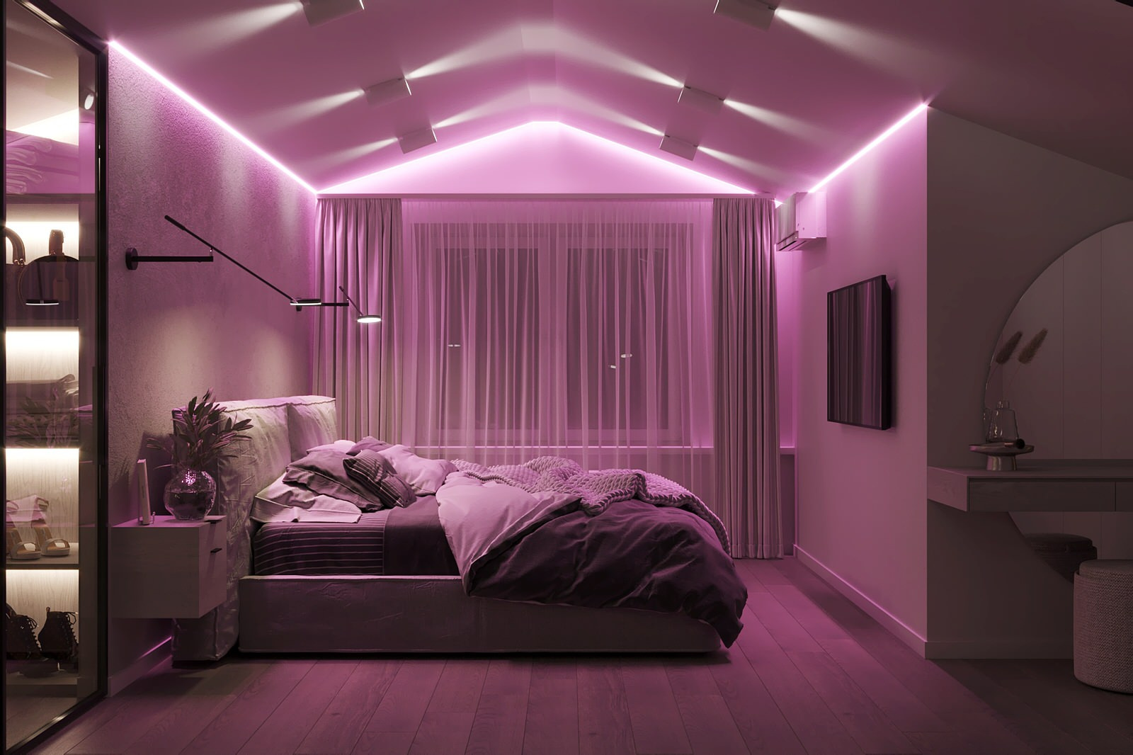 Белые интерьеры спальни и ванной комнаты