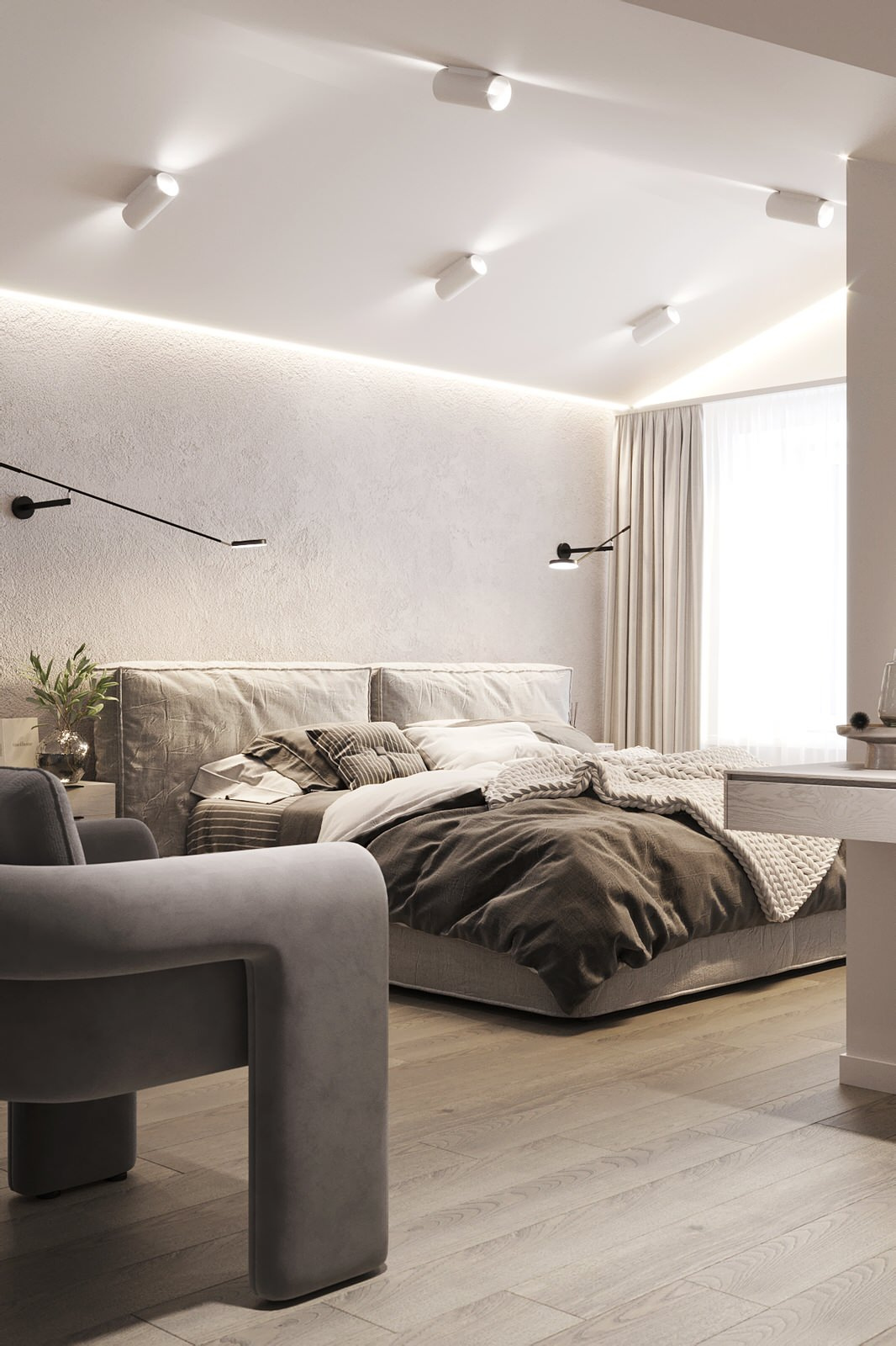 Белые интерьеры спальни и ванной комнаты