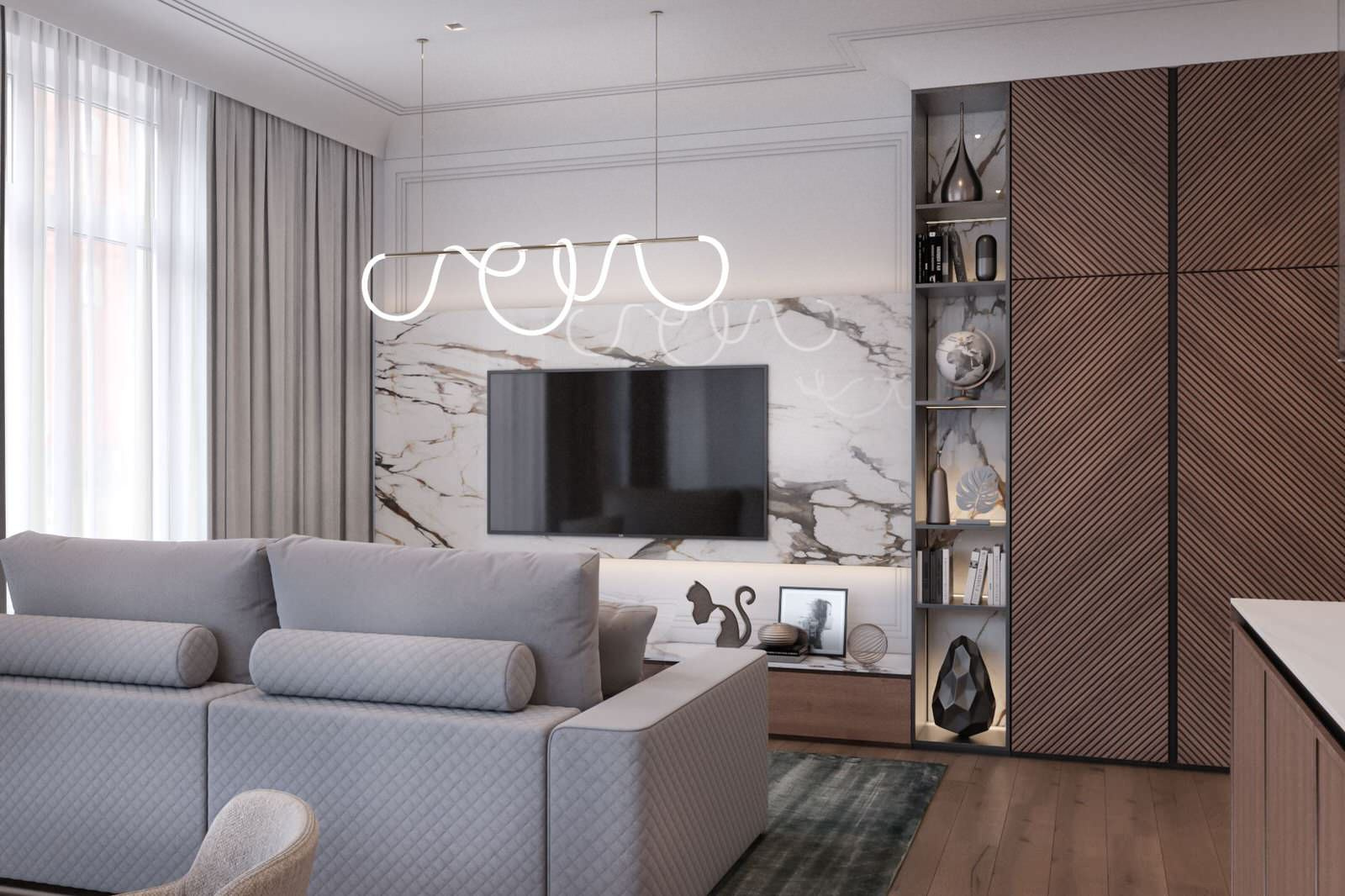 Гостиная с высокими потолками