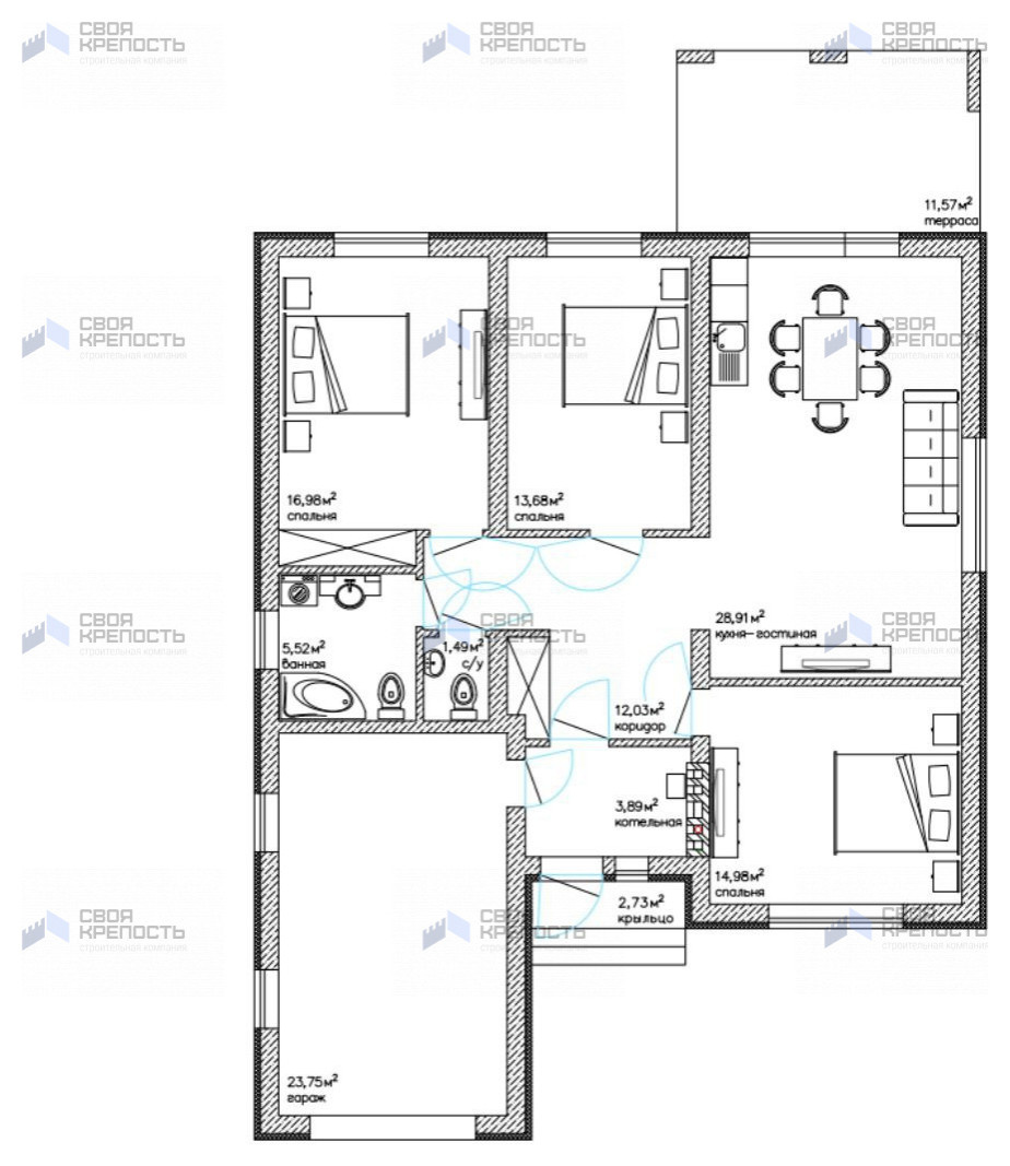 Обложка проекта: 1-этажный дом 120 м² с плоской кровлей