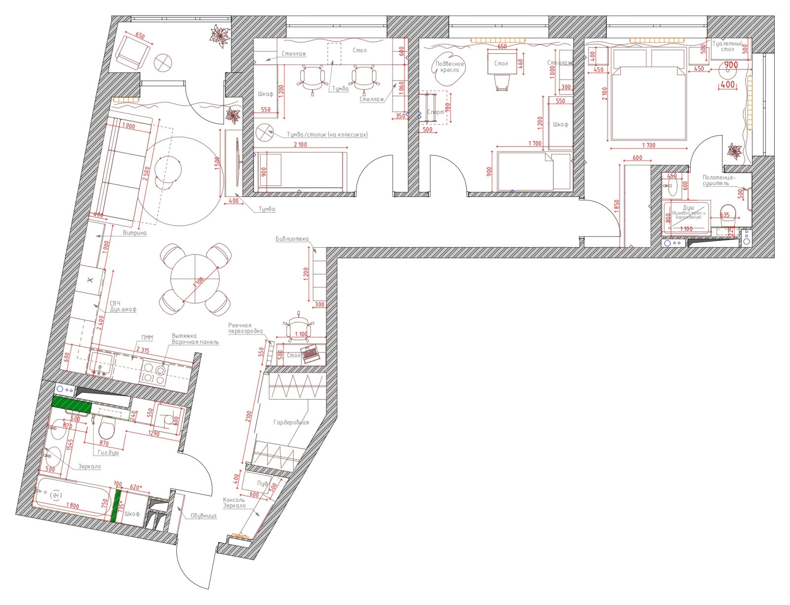 Дизайн проект кухни-гостиной и санузлов в г.Екатеринбург