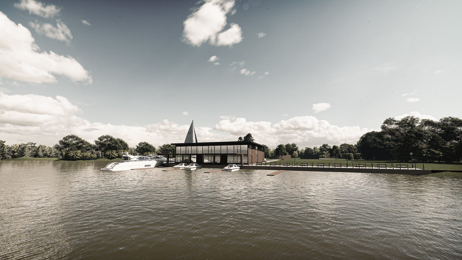 Проект небольшой пристани со зданием ресторана на берегу реки Волги