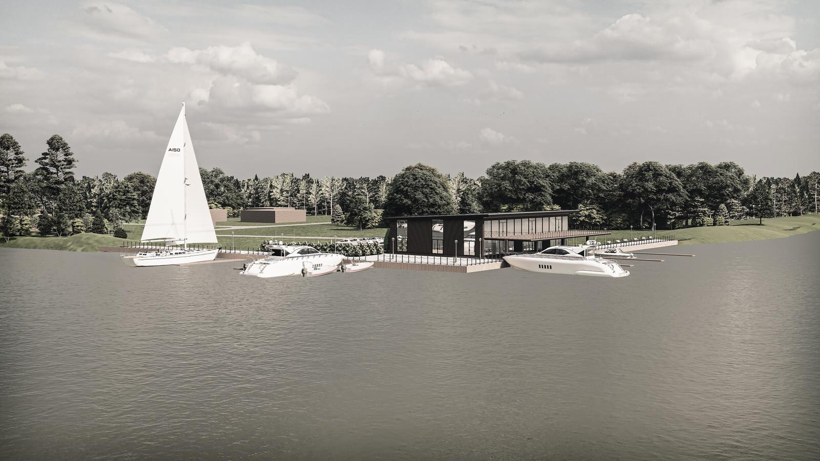 Проект небольшой пристани со зданием ресторана на берегу реки Волги