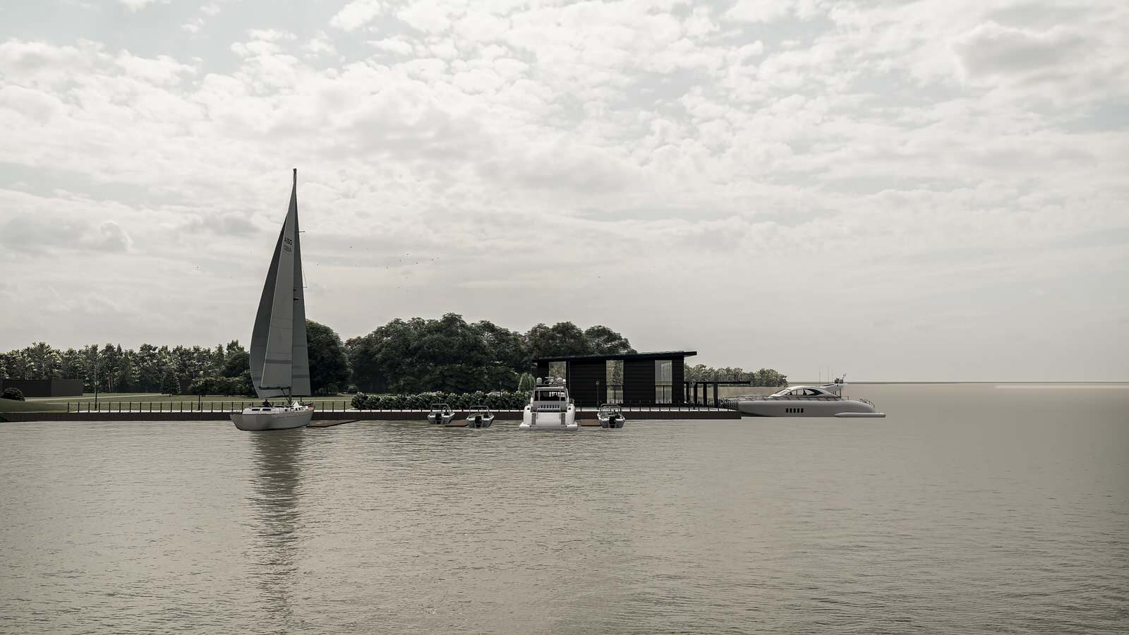 Проект небольшой пристани со зданием ресторана на берегу реки Волги