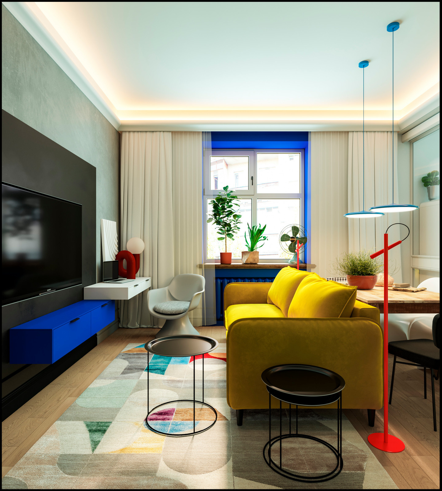 Яркое оформление оконных откосов в интерьере гостиной