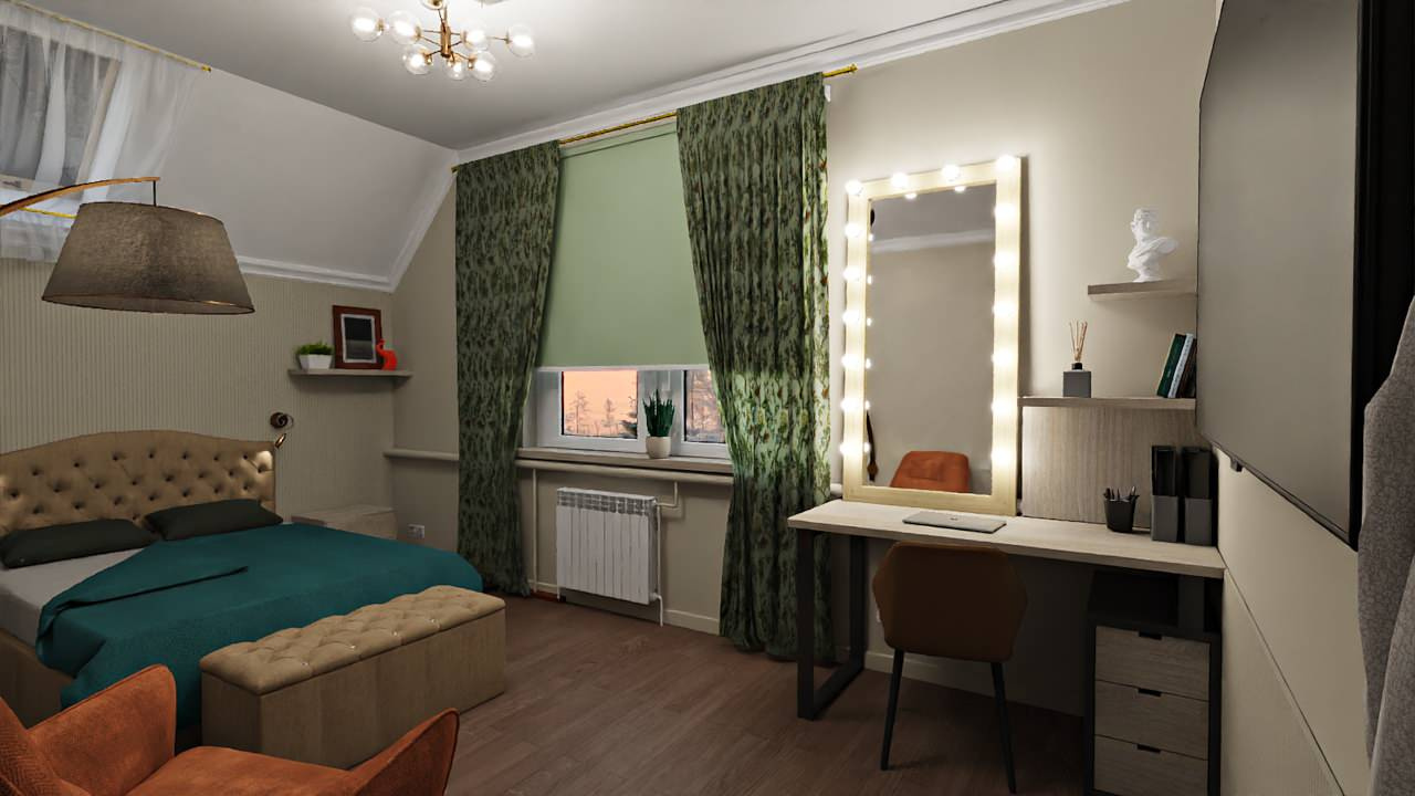 Планировочное решение, создание визуализации спальни в загородном доме