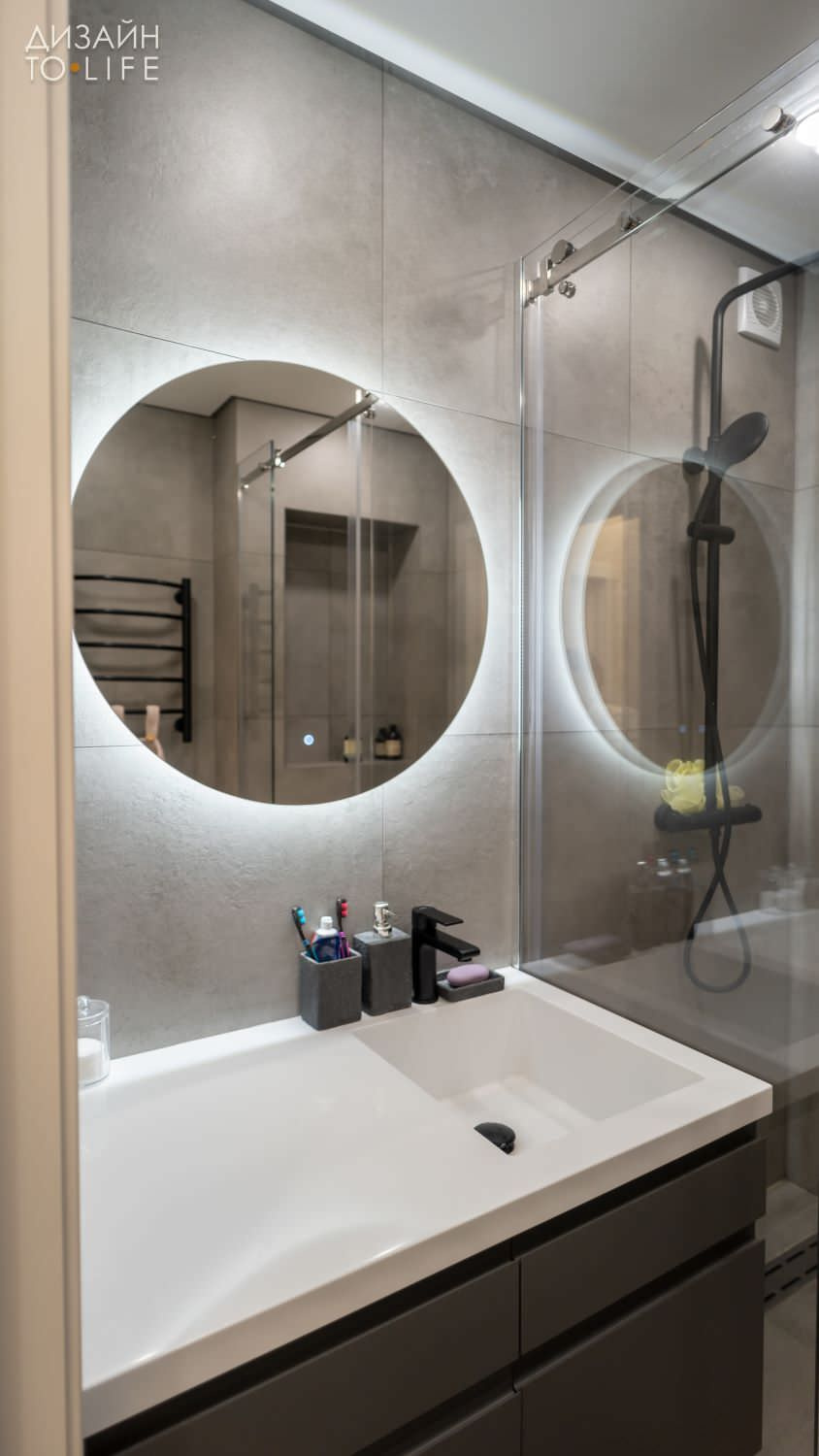 Реализация проекта в ЖК «Цивилизация» 56 м²серая ванная