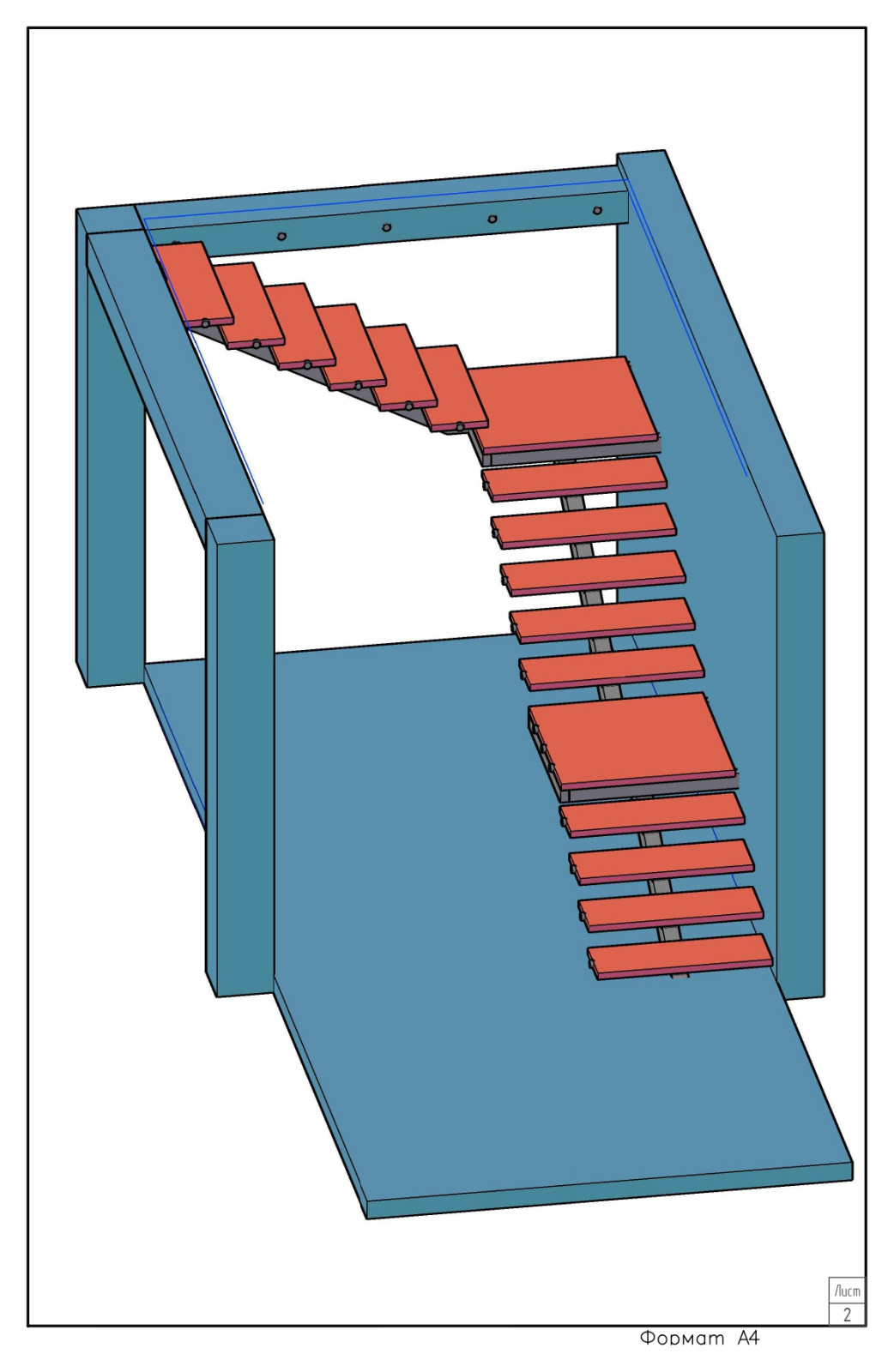 Лестница на монокосоуре с опорными столбами внутри стены из пеноблока
